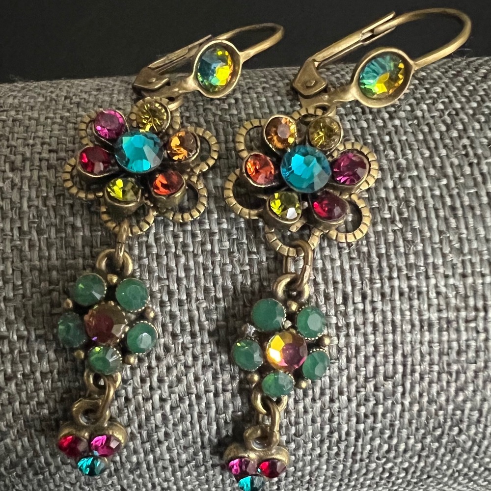 Michal Negrin Jewelry Brass Rhinestone Flower Dangle Earrings 2" WhimsicalGoth